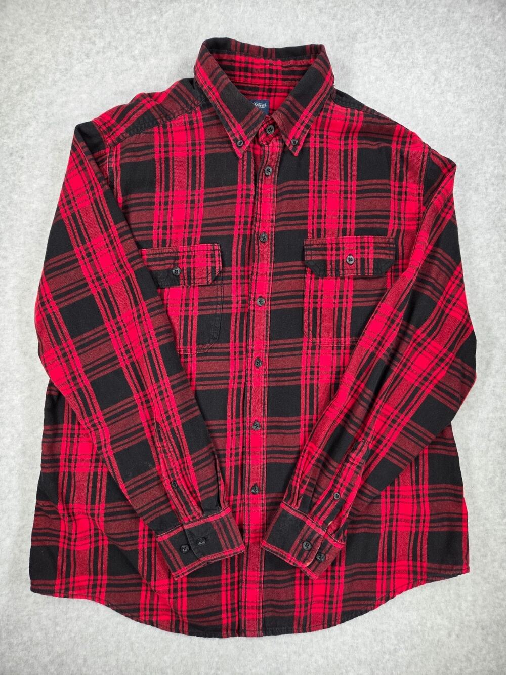 Faded Glory Men's Large Red Black Plaid Cotton Flannel Shirt fall layering